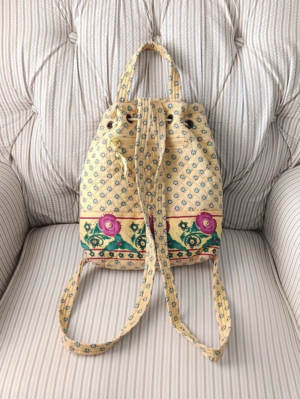 Vintage Yellow Quilted Floral Drawstring Backpack with Pink Accents